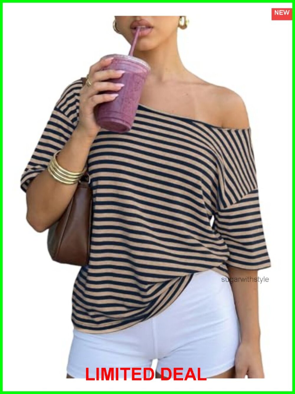 Women's Oversized Off Shoulder Striped Tee Short Sleeve Cotton Y2K